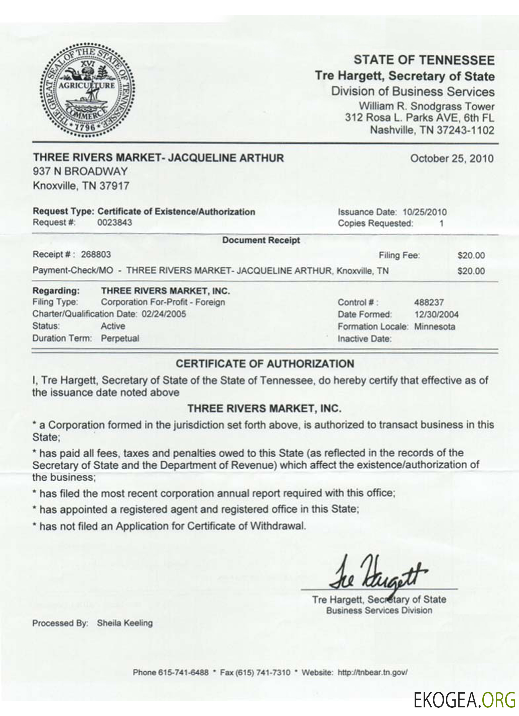 Certificat de bonne réputation du Tennessee aux États Unis